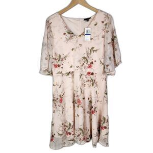 Bobeau B collection Flare Dress Rose Floral Chiffon Casual Coquette Size XL